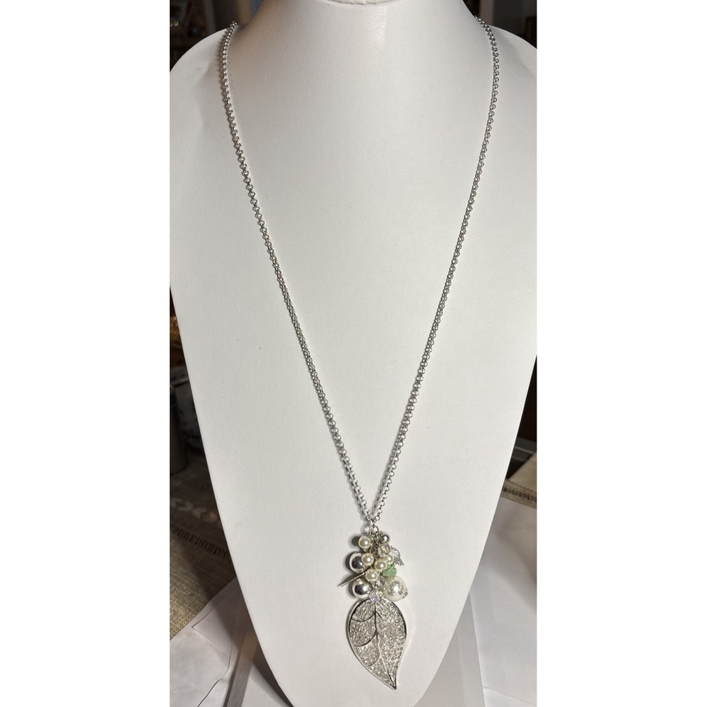 Long Silver Tone Rhinestone Leaf Pendant Necklace Faux Pearl Charm Cluster 38"